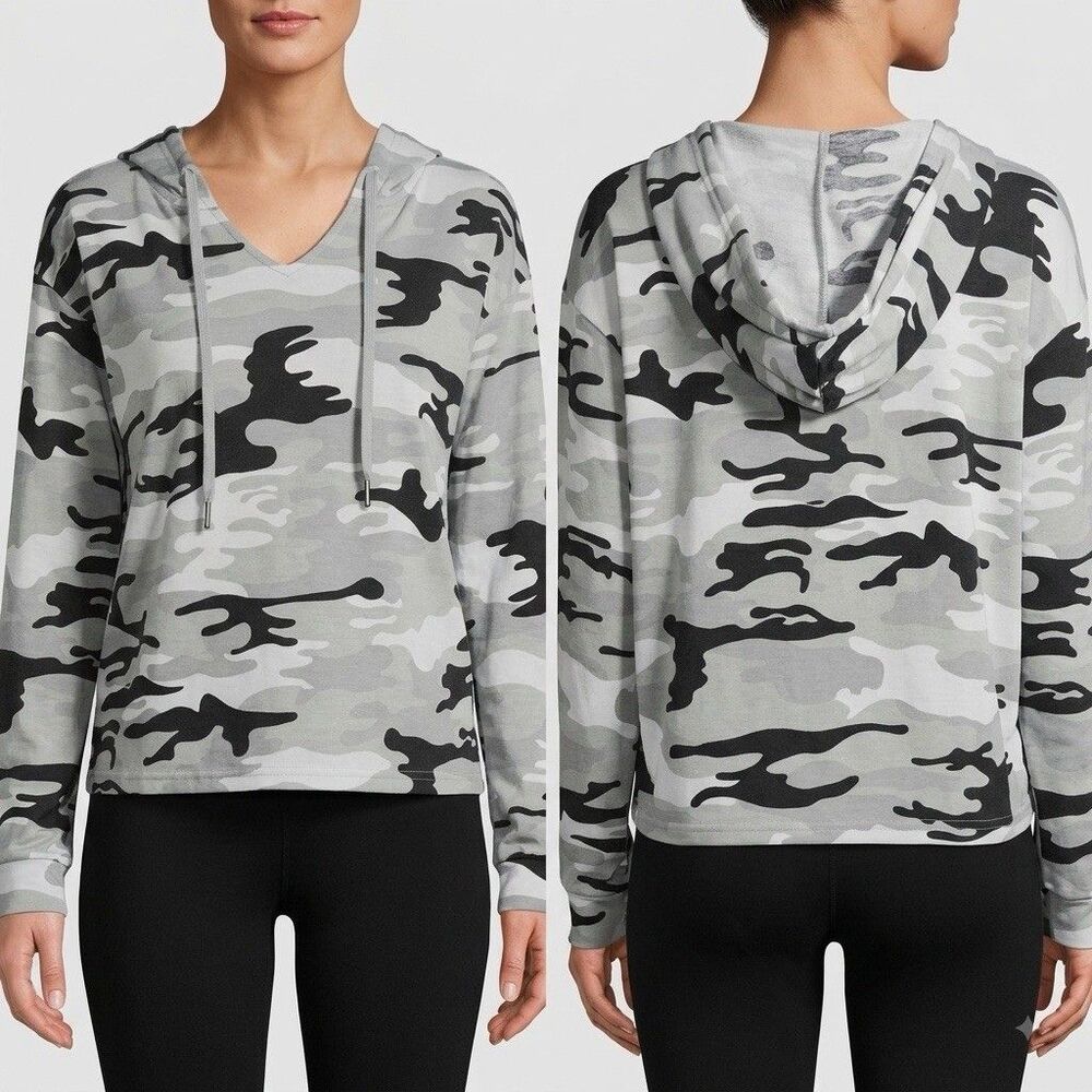 Black Camouflage Hooded Shirt Slightly Cropped Size S Drawstring Neck Camo